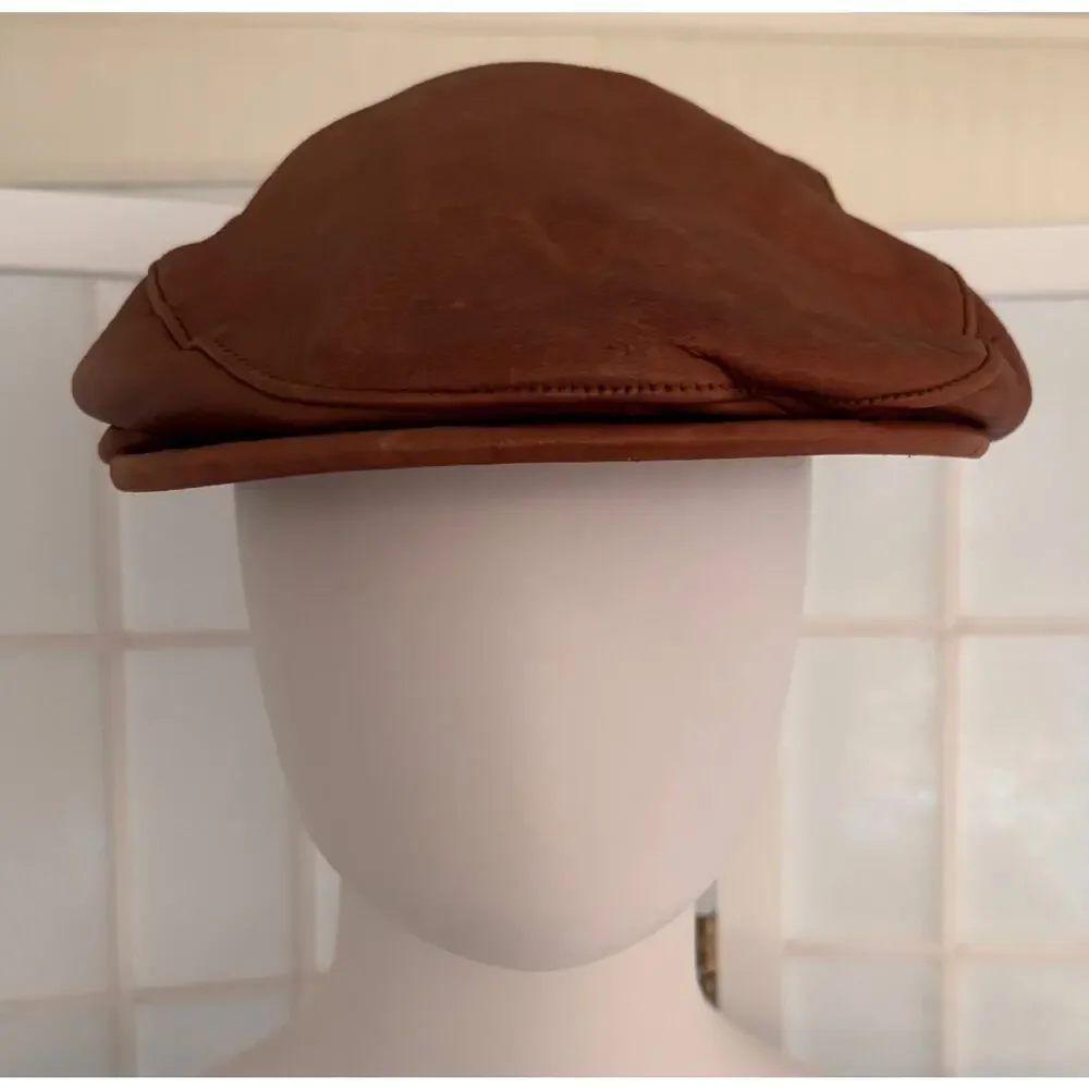 Orvis Genuine Deerskin Leather Driver Cap Brown Large Snap Bill Newsboy Hat - Picture 5 of 11
